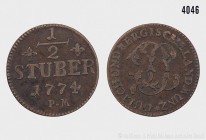 Herzogtum Jülich-Kleve-Berg, 1/2 Stüber 1774, P M Düsseldorf. Vs. GULICH UND BERGISCHE LANDMUNZ, Monogramm. Rs. 1/2 / STUBER / 1774 / P*M. 7,45 g; 27 ...