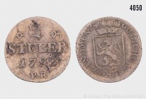 Konv. 2 Kleinmünzen Jülich-Berg: 3 Stüber 1793 R. 2,10 g; 21 mm. Slg. Noss 1002. Vorzüglich/fast vorzüglich. Dazu: 2 Stüber 1792 P R. 1,13 g; 19 mm. S...