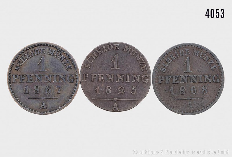 Konv. von 3 Exemplaren 1 Pfennig Preußen, bestehend aus: 1 Pfennig 1825 A. 1,48 ...