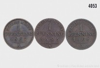 Konv. von 3 Exemplaren 1 Pfennig Preußen, bestehend aus: 1 Pfennig 1825 A. 1,48 g; 17 mm. AKS 35. 1 Pfennig 1867 A. 1,45 g; 18 mm. AKS 108. 1 Pfennig ...