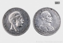 Preußen, Wilhelm II. (1888-1918), Konv. von 2 Fünf-Mark-Münzen, bestehend aus: 5 Mark 1895 A. 27,59 g; 38 mm. AKS 129; Jaeger 104. 5 Mark 1913 A. 27,7...