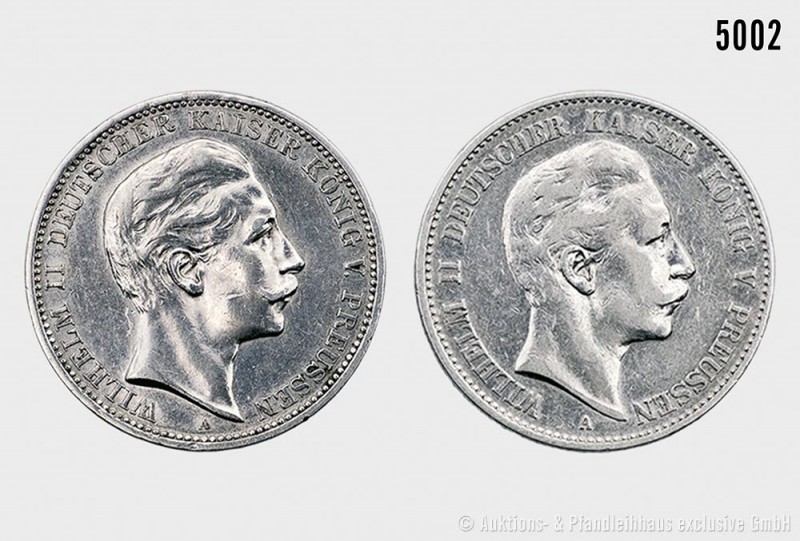 Preußen, Wilhelm II. (1888-1918), Konv. von 2 Silbermünzen, bestehend aus: 3 Mar...