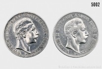 Preußen, Wilhelm II. (1888-1918), Konv. von 2 Silbermünzen, bestehend aus: 3 Mark 1908 A. 16,64 g; 33 mm. AKS 131; Jaeger 103. 2 Mark 1902 A. 11,04 g;...