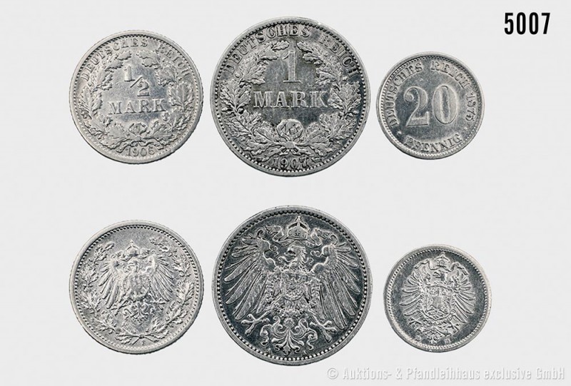 Deutsches Reich, Konv. von 3 Silber-Kleinmünzen, bestehend aus: 1 Mark 1907 A. 5...