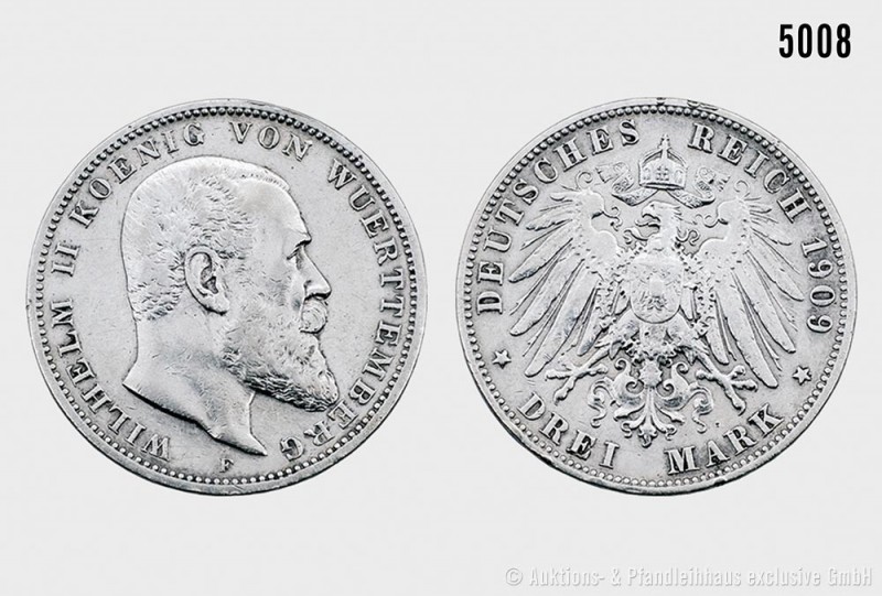 Württemberg, Wilhelm II. (1891-1918), 3 Mark 1909 F. 16,59 g; 33 mm. AKS 144; Ja...