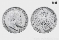 Württemberg, Wilhelm II. (1891-1918), 3 Mark 1909 F. 16,59 g; 33 mm. AKS 144; Jaeger 175. Feine Kratzer, sehr schön. 900er Silber.