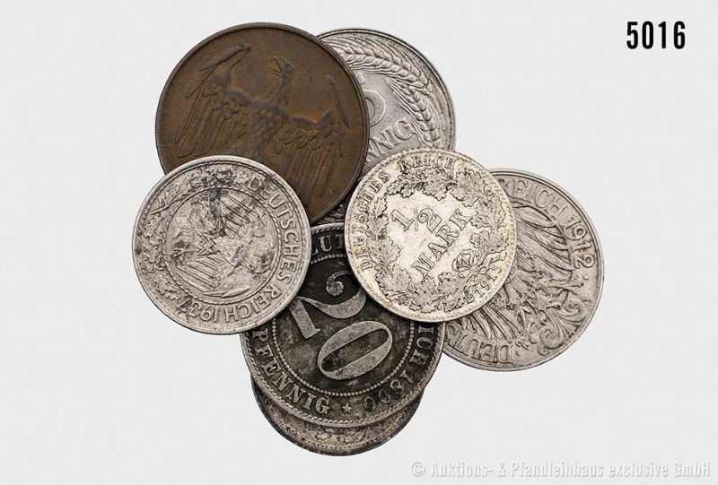 Deutsches Reich, Konv. von 7 Kleinmünzen, darunter 1/2 Mark 1915 D, 4 Reichspfen...