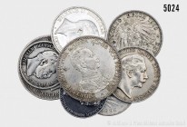 Deutsches Reich, Preußen, Wilhelm I. (1861-1888) und Wilhelm II. (1888-1918), Konv. von 8 Silbermünzen (900er Silber), bestehend aus: 5 Mark 1874 A, 2...