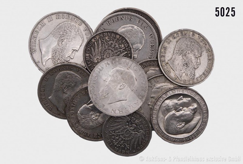 Deutsches Reich, Konv. von 12 Silbermünzen (900er Silber), darunter Sachsen, 5 M...