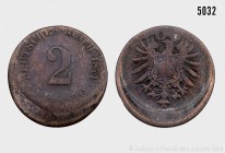 Deutsches Kaiserreich, 2 Pfennig 1874 (C?), Fehlprägung, deutlich dezentriert (ca. 20 Prozent). 3,21 g; 21 mm. AKS 18; Jaeger 2. Sehr selten. Sehr sch...