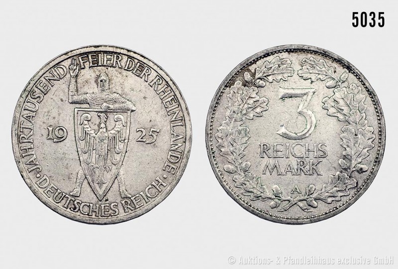 Weimarer Republik, 3 Reichsmark 1925 A, Jahrtausendfeier der Rheinlande. 14,89 g...