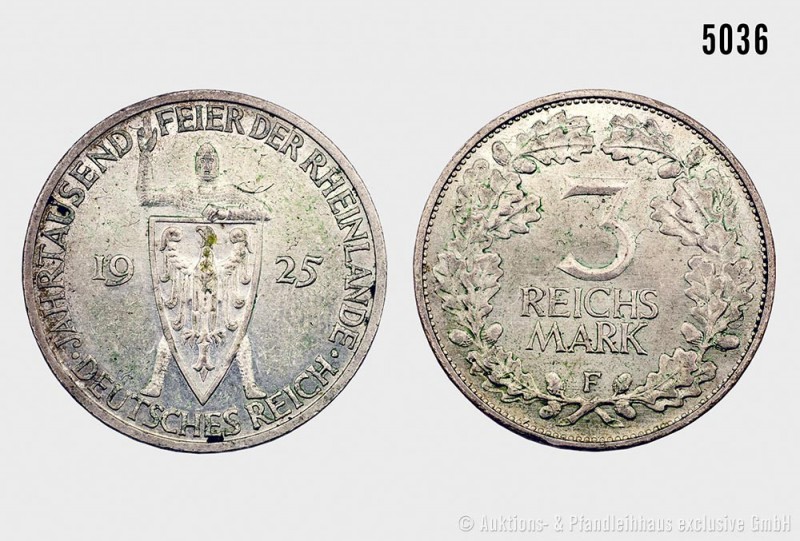 Weimarer Republik, 3 Reichsmark 1925 F, Jahrtausendfeier der Rheinlande. 15,06 g...