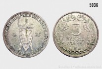 Weimarer Republik, 3 Reichsmark 1925 F, Jahrtausendfeier der Rheinlande. 15,06 g; 30 mm. AKS 73; Jaeger 321. Patina, deutliche Lagerungsspuren, vorzüg...