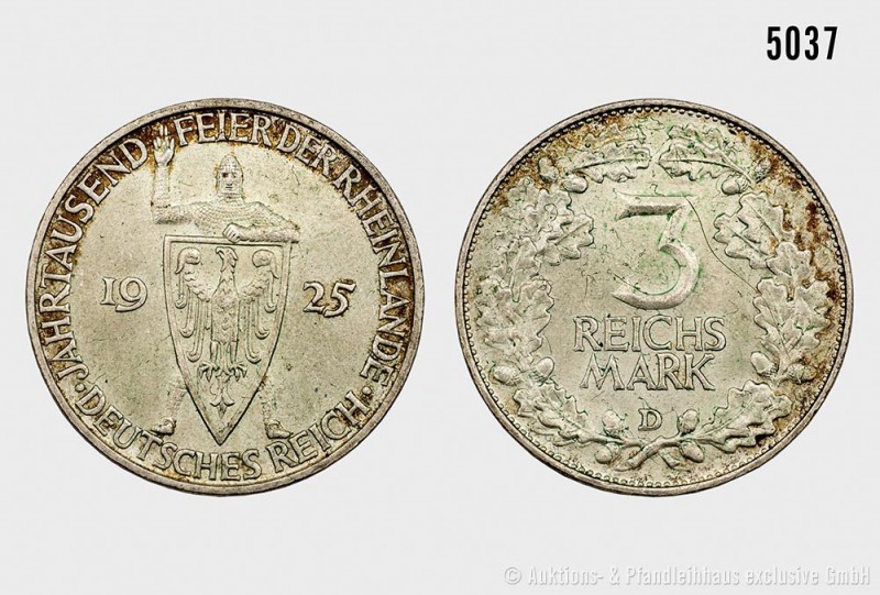 Weimarer Republik, 3 Reichsmark 1925 D, Jahrtausendfeier der Rheinlande. 14,84 g...