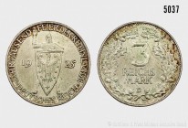 Weimarer Republik, 3 Reichsmark 1925 D, Jahrtausendfeier der Rheinlande. 14,84 g; 30 mm. AKS 73; Jaeger 321. Patina, leichte Lagerungsspuren, vorzügli...