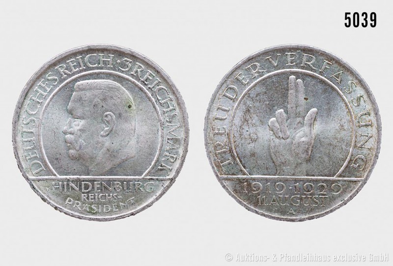 Weimarer Republik, 3 Reichsmark 1929 A, Hindenburg (Schwurhand). 14,91 g; 30 mm....