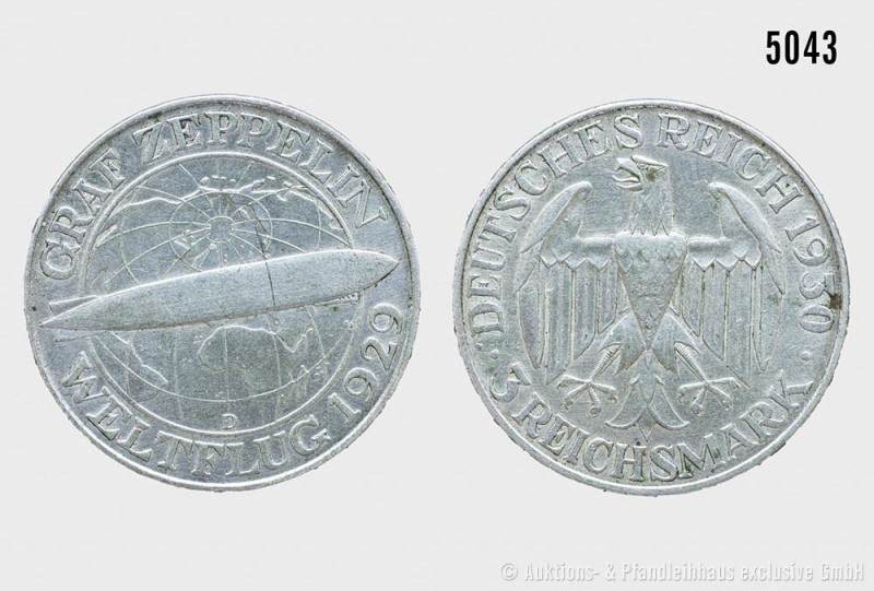 Weimarer Republik, 3 Reichsmark 1930 D, Graf Zeppelin Weltflug 1929. 14,99 g; 30...