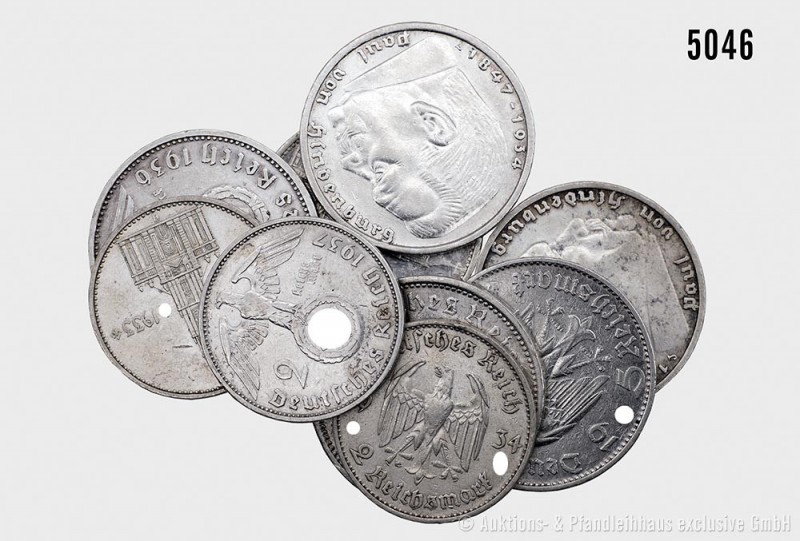 Drittes Reich, Konv. von 9 Silbergedenkmünzen, 2 und 5 Reichsmark (Hindenburg un...