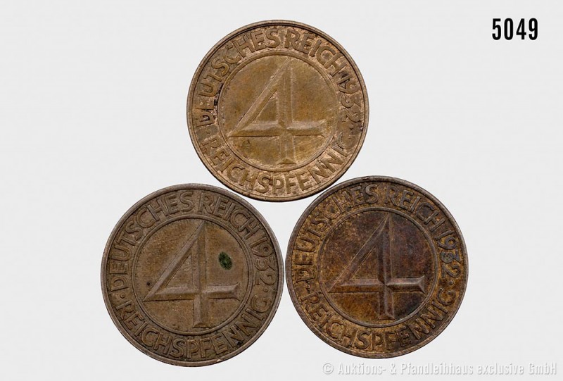 Weimarer Republik, Konv. von drei 4-Reichspfennig-Münzen, sog. Brüning-Pfennig: ...