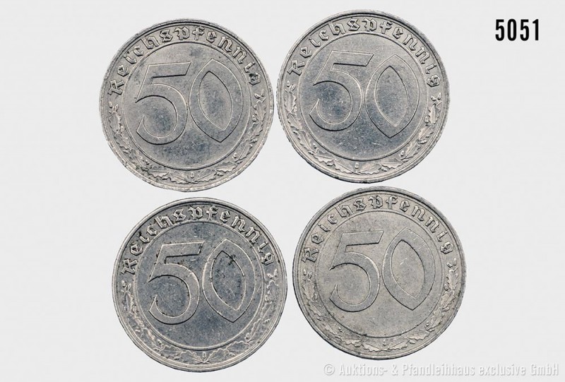 Drittes Reich, Konv. von vier 50-Reichspfennig-Münzen (1938 A, 2 x 1938 E, 1939 ...