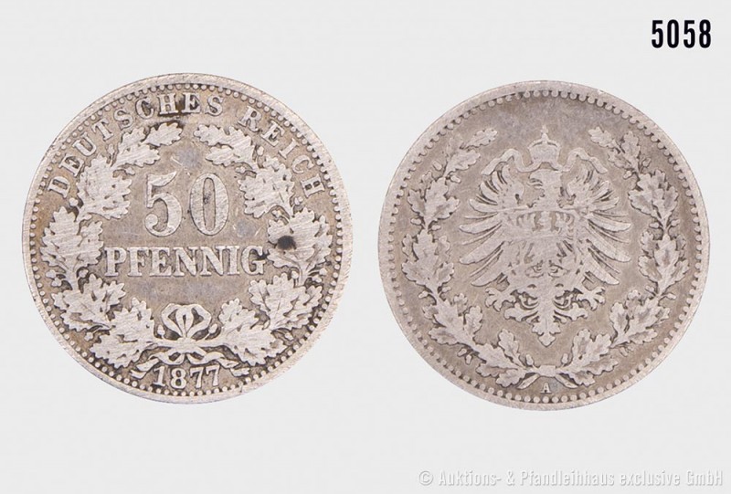 Deutsches Reich, 50 Pfennig 1877 A. Vs. Reichsadler in Eichenkranz, unten Münzze...