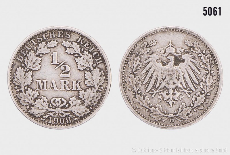 Deutsches Reich, Konv. 1/2 Mark, bestehend aus 1/2 Mark 1908 G. 2,68 g; 20 mm. D...