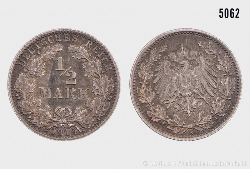 Deutsches Reich, Konv. 1/2 Mark, bestehend aus 1/2 Mark 1919 A. 2,80 g; 20 mm. S...