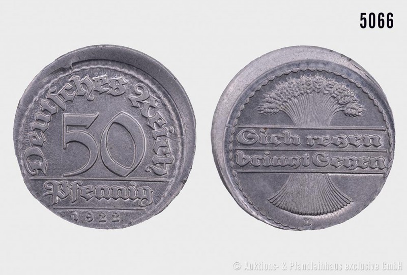 Weimarer Republik, Fehlprägung 50 Pfennig 1922 D, dezentriert. 24 mm. AKS 37; Ja...
