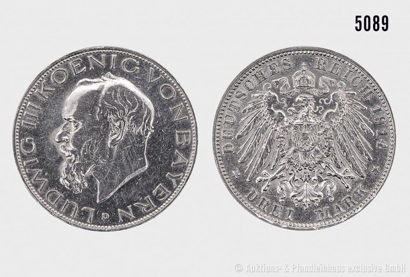 Bayern, Ludwig III. (1913-1918), Konv. von zwei Silbermünzen, bestehend aus: 3 M...