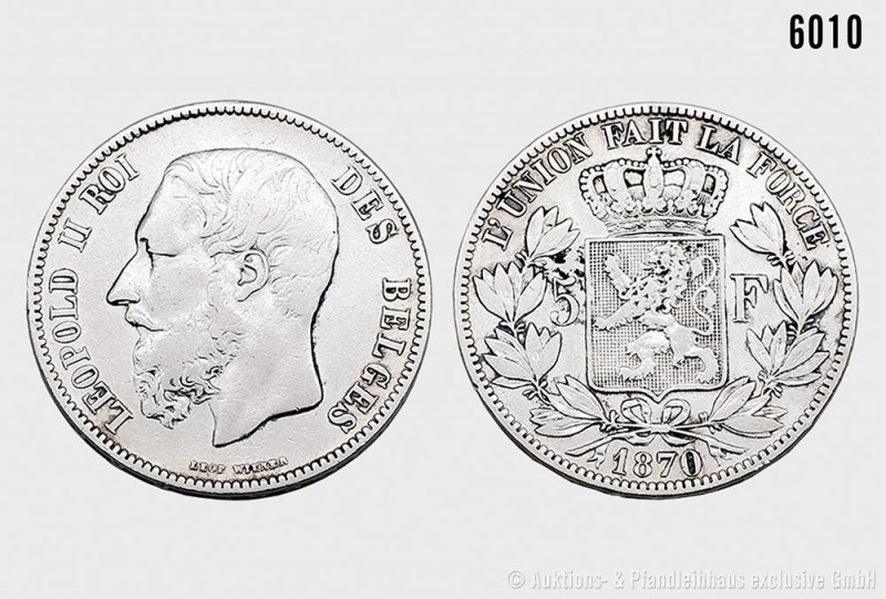 Belgien, Leopold II. (1865-1909), 5 Francs 1870. 24,77 g; 37 mm. Schön 37. Klein...