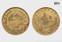 Osmanisches Reich (Türkei), Sultan Abdul Hamid II. (1876-1909), 100 Piaster. 7,18 g. 22 mm. Kahnt/Schön 167. Feine Goldpatina, sehr schön. Gold.