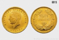 Türkei, 1 Lira 1923/37, 20 Jahre Türkische Republik. 7,19 g; 22 mm. Schön 376. Stempelglanz. 916 2/3 Gold.