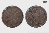 Schweden, Karl XI. (1660-1697), 1 Öre Silvermynt 1678. 36,51 g; 47 mm. KM 264. Etwas grünspanig, sonst sehr schön.