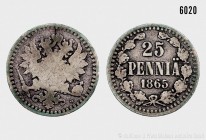 Finnland, 25 Penniä 1865. 1,15 g; 16 mm. Kahnt/Schön 4. Fast sehr schön/sehr schön.
