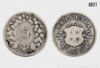 Schweiz (Eidgenossenschaft), 5 Rappen 1850 AB. 1,56 g; 17 mm. Kahnt/Schön 3; Divo 8. Sehr selten. Fast sehr schön/sehr schön.
