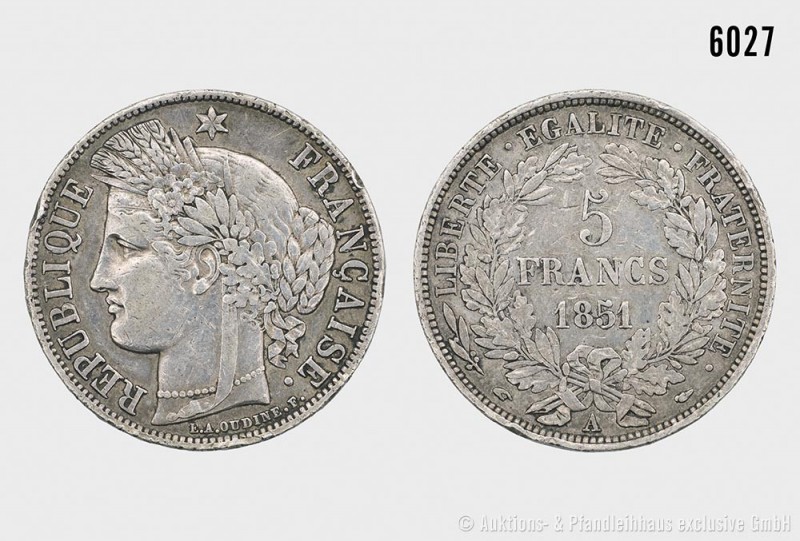 Frankreich, Zweite Republik, 5 Francs 1851 A. 24,81 g; 37 mm. Kahnt/Schön 82. Ra...