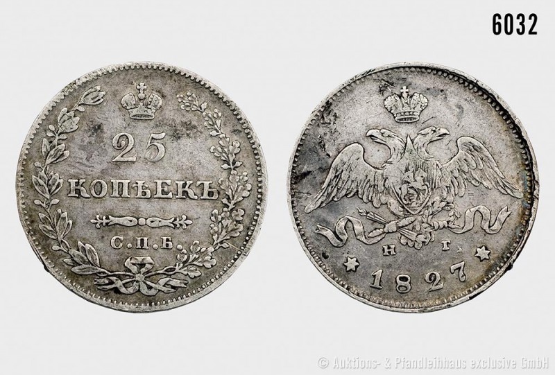Russland, Nikolaus I. (1825-1855), 25 Kopeken 1827, St. Petersburg. 5,00 g; 24 m...