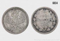 Russland, Alexander II. (1855-1881), Konv. von 2 Kleinmünzen, bestehend aus: 15 Kopeken 1861, St. Petersburg. 3,07 g; 20 mm. Kahnt/Schön 109; Bitkin 2...