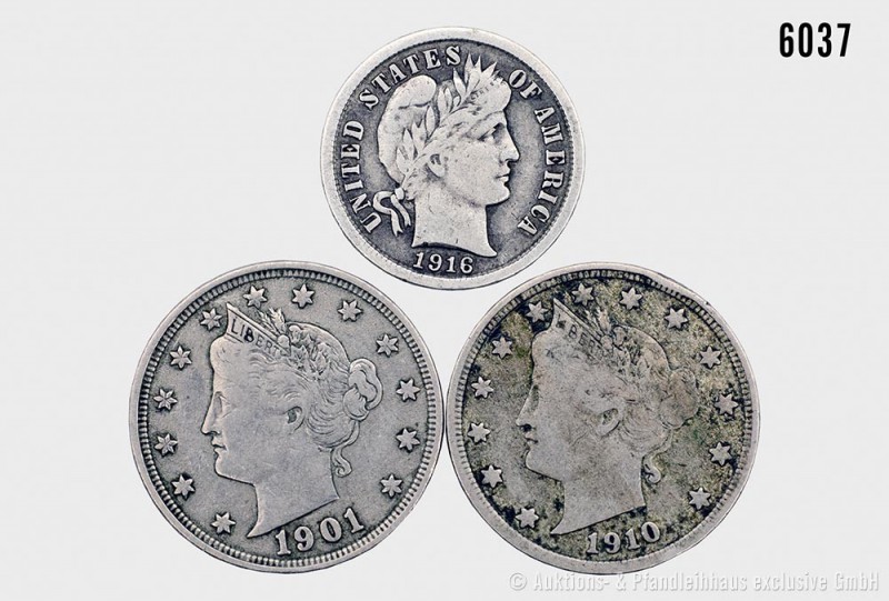 USA, Konv. von 3 Kleinmünzen, bestehend aus: 5 Cents 1901, 5 Cents 1910. Schön 1...