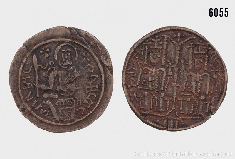 Ungarn, Bela III. (1172-1196), Follis nach byzantinischem Vorbild. Vs. Zwei Köni...