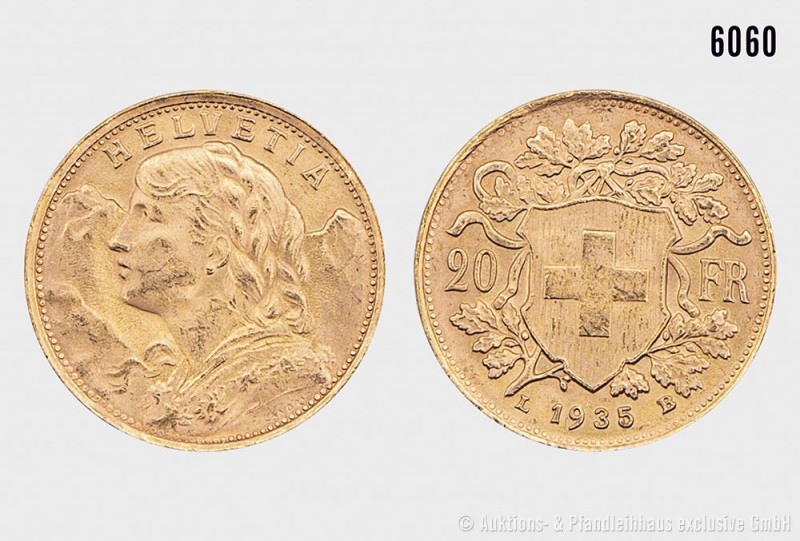 Schweiz, 20 Franken 1935 L - B (geprägt 1946), "Vreneli", 900er Gold. 6,45 g; 21...