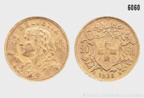Schweiz, 20 Franken 1935 L - B (geprägt 1946), "Vreneli", 900er Gold. 6,45 g; 21 mm. Schön 32.4. Fast Stempelglanz.
