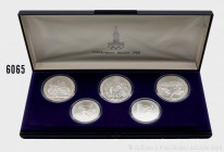 Russland (Sowjetunion), Komplettsatz Gedenkmünzen (900er Silber) Olympische Spiele 1980 in Moskau. 3 Exemplare 10 Rubel 1980 und 2 Exemplare 5 Rubel 1...