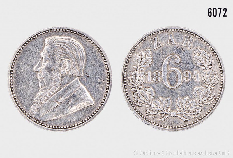 Südafrika, Konv. von zwei Münzen, bestehend aus: 6 Pence 1894, 925er Silber. Kah...