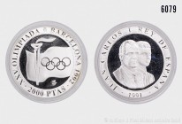 Spanien, 2000 Pesetas 1991, 925er Silber, anlässlich der XXV. Olympischen Spiele 1992 in Barcelona. Vs. JUAN CARLOS I REY DE EXPANA / 1991, Juan Carlo...