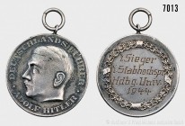 Drittes Reich, tragbare Medaille (Messing versilbert) mit dem Porträt Adolf Hitlers, auf den 1. Sieger im Stabhochsprung an der Universität Heidelberg...