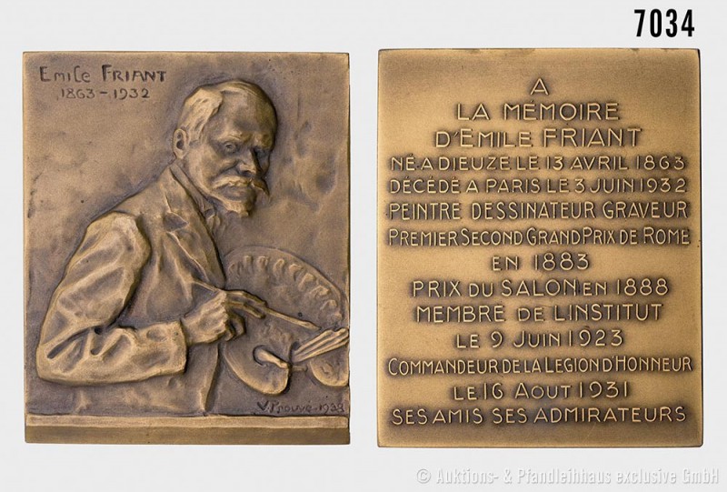 Frankreich, Bronzeplakette 1938, von V. Prouvé, auf den Maler Emile Friant. Vs. ...