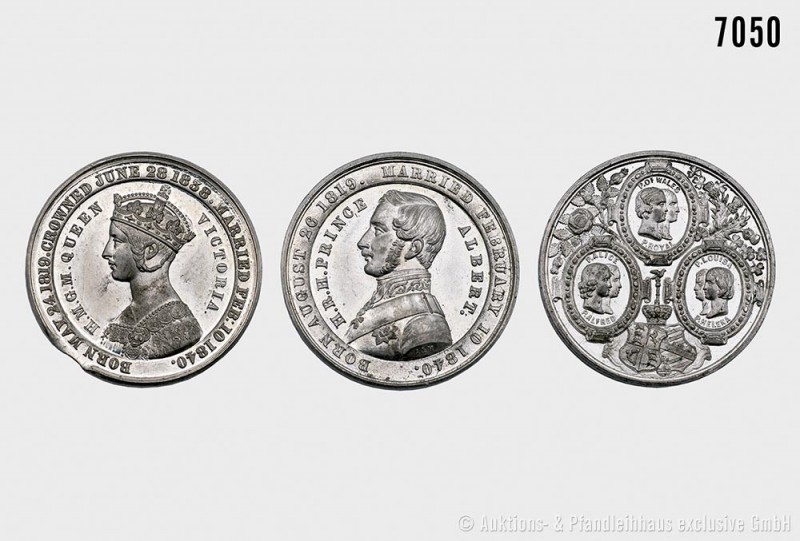Großbritannien, Messingdöschen mit 4 Zinn-Medaillen o. J. (ca. 1851), Huldigung ...