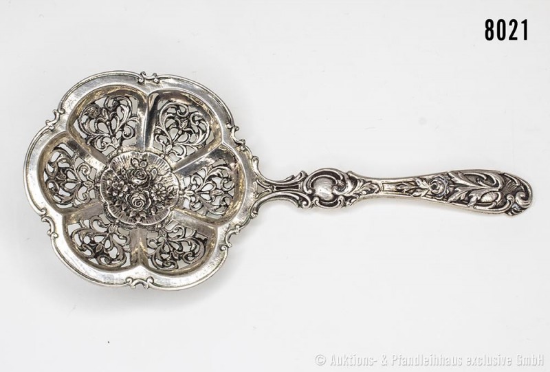 Teesieb, Deutschland, 800er Silber, um 1900. 24 g, schöne florale Ornamentik, se...
