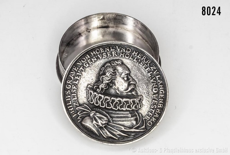 Runde Pillendose, mit Porträt eines Grafen, 925er Silber (mit Punze BAS). 32 g, ...